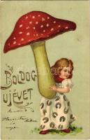 1906 Boldog újévet! Kislány gombával - dombornyomott / New Year greeting, girl with mushroom - embossed litho (fl)