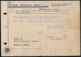 1944 Gera, Gebr. Reinhold német vállalat fejléces üzleti levele Geötz Ede elektrotechnikai üzeme (Miskolc) részére, horogkereszt ábrázolással és "Heil Hitler!" üdvözléssel, kissé foltos