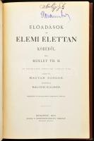 Th[omas] H[enry] Huxley: Előadások az elemi élettan köréből. Kir. M. Természettudományi Társulat IV. kötet. Ford.: Magyar Sándor. Bp., 1873, Természettudományi Társulat, XXIII+293+3 p. Kiadói aranyozott egészvászon-kötés, (Pest, Bóka-kötés), kissé kopott borítóval, kissé sérült gerinccel.