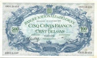 Belgium 1943.10.11. 500Fr/100B (2x) egymásutáni sorszámmal T:II+ Csak egyszer hajtva!