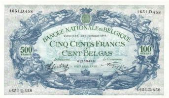 Belgium 1943.10.11. 500Fr/100B (2x) egymásutáni sorszámmal T:II+ Csak egyszer hajtva!