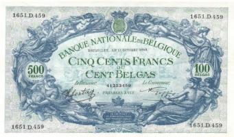 Belgium 1943.10.11. 500Fr/100B (2x) egymásutáni sorszámmal T:II+ Csak egyszer hajtva!
