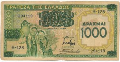 Görögország 1939. 100Dr "1000 Drachmai" felülbélyegzéssel T:F,VG kis anyaghiány Greece 1939. 100 Drachmai with "1000 Drachmai" overprint C:F,VG small material error Krause P#111