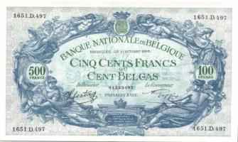 Belgium 1943.10.11. 500Fr/100B (2x) egymásutáni sorszámmal T:II+ Csak egyszer hajtva!