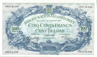 Belgium 1943.10.11. 500Fr/100B (2x) egymásutáni sorszámmal T:II+ Csak egyszer hajtva!