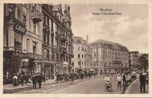 Bytom (Beuthen) Franz Joseph square with the shops of Buky, Wreschner, Richter and Neumann (EK)