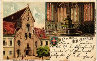 1900 Heiligenkreuz i. Wienerwald, Kirchenfacade XII. Jahrh. Bleibrunnen / church, well. Art Nouveau, litho