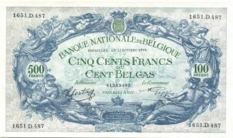 Belgium 1943.10.11. 500Fr/100B (2x) egymásutáni sorszámmal T:II+ Csak egyszer hajtva!