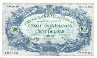 Belgium 1943.10.11. 500Fr/100B (2x) egymásutáni sorszámmal T:II+ Csak egyszer hajtva!