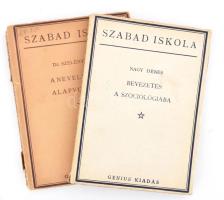 Nagy Dénes: Bevezetés a szociológiába. Szabad Iskola III. köt. Bp., 1922., Genius. Kiadói papírkötés. + Szelényi Ödön: A neveléstan alapvonalai. Szabad Iskola V. köt. Bp., 1922., Genius. Kiadói papírkötés, szakadt, sérült gerinccel, a könyvtest elvált a borítótól,