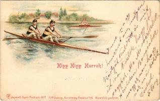 1899 (Vorläufer) Hipp Hipp Hurrah! Aquarell-Sport-Postkarte No. 7. Fr. W. Juxberg / evezősök / rowing. litho (EK)