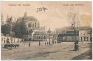 Berethalom, Birthälm, Biertan; Fő tér, üzlet, Evangélikus erődtemplom / main square, shop, Lutheran castle church (ragasztónyom / glue marks)