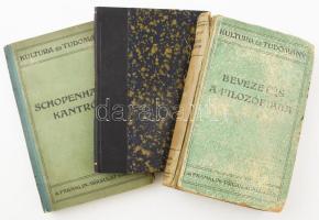 Schopenhauer Arthur: Schopenhauer Kantról. Kant filozófiájának bírálata. Ford. és jegyzetekkel kísérte Mikes Lajos. Kultura és Tudomány. Bp.,1920, Franklin. Kiadói kemény-kötés, kopott borítóval. + Schopenhauer: A szerelem metafizikája. Ford.: Mikes Lajos: Bp., én., Genius. Átkötött félvászon-kötésben. + Jeruzsálem Vilmos: Bevezetés a filozófiába. Ford.: Schöpflin Aladár. Kultura és Tudomány. Bp.,1916, Franklin. Kiadói félvászon-kötés, kopott borítóval, sérült gerinccel.