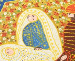 Gombkötőné Tóth Ilona (1933-): Család állatokkal. Olaj, farost, jelezve jobbra lent, dekoratív faker...