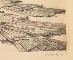 Zádor István (1882-1963): Tutajok a Tiszán. Rézkarc, papír, jelzett, üvegezett fakeretben, 24x34 cm