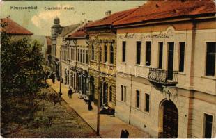 1909 Rimaszombat, Rimavska Sobota; Erzsébet téri részlet, Római katolikus parókia, gyógyszertár, üzlet. Ifj. Rábely Miklós kiadása / square, Roman Catholic parish, pharmacy, shop (Rb)