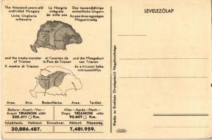 Trianon. Hátoldalon "Az ezeréves egységes Magyarország és a tiranoni béke szörnyszülöttje"...