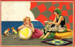 1932 Hölgyek a strandon, olasz művészlap / ladies on the beach, Italian art postcard. Degami 2260. (fl)