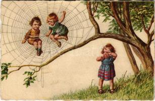 1926 Kislány fekete özvegyként pókhálóban, humor / Little girl as widow spider in spider web, humour. Degami 681. (EK)