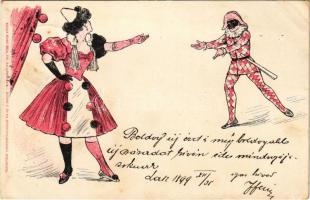 1899 (Vorläufer) Bohóc szerelem. Kiadja Szabó Béla, Kunosy V. és fia zenenyomdájából / Clown love, greeting card (EK)