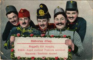 Háborús étlap. Reggeli: két muszka, ebéd: angol rostbeaf francia salátával, vacsora: szerbhús rizzsel - Első világháborús Központi hatalmak humoros katonai lap / WWI Central Powers military humour: War menu. O.K.W. 349. (EK)