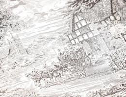 Wedgwood Dickens Coaching Days lovaskocsi mintás angol süteményes készlet, jelzett, hibátlan, d: 21-...