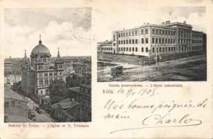 Lodz Industrial School and Trinity Church with tram