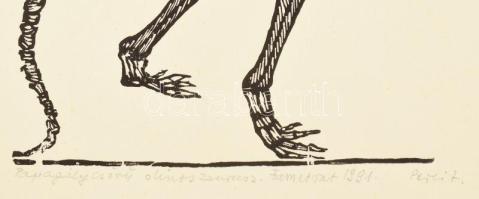 Perei Zoltán (1913-1992): Papagájcsőrű dinoszaurusz, 1991. Fametszet, papír. Jelzett. Paszpartuban. ...