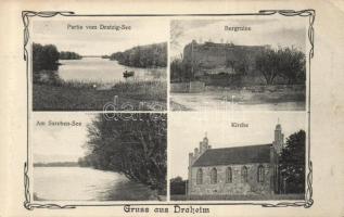 Szeszki (Draheim) with castle ruins and church; advertisment on the back (EK)