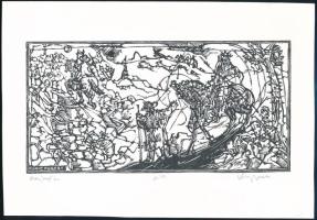 König (Kőnig) Róbert (1951-2014): Lovas és vándor (olvashatatlan címmel). Linómetszet, papír, jelzett. Próbanyomat próba IV. 12x24 cm