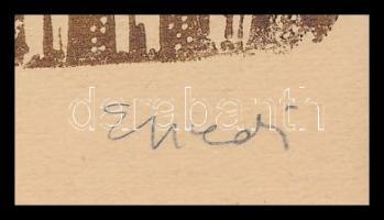 Ecsedi Mária (1941-): Rácváros. Linómetszet, papír, jelzett. Paszpartuban. 9,5x9,5 cm