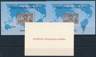 1989 Magyar-amerikai küldöncposta 3 db emlékív - fogazott + vágott + elnökségi ajándék