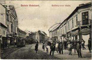 1912 Miskolc, Széchenyi utca, villamos, Weissberg Adolf Özv. utóda divatáruháza, üzletek (apró szakadás / tiny tear)