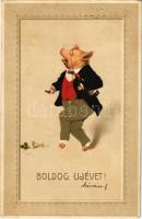 1912 Boldog Újévet / New Year greeting art postcard with pig gentleman, champagne and cigar