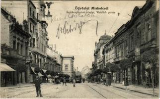 1914 Miskolc, Széchenyi utca, Weidlich palota, villamos, Apollo színház, mozi, Pesti biztosító intézet, üzletek