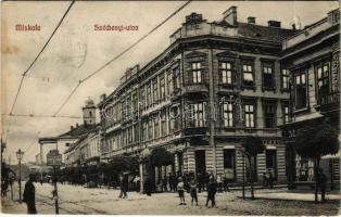 1914 Miskolc, Széchenyi utca, Kepes nagy szálloda és kávéház, Fonciere biztosító intézet, villamos megállóhely (szakadás / tear)