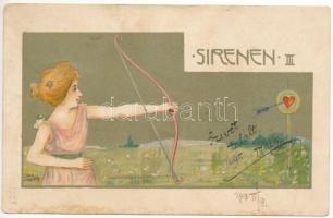 1903 Sierenen III / Art Nouveau lady with bow and arrow. E.S.D.-B. Serie 7059. golden, litho s: Carl Józsa (kis szakadás / small tear)