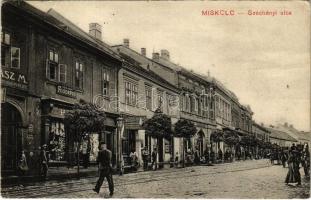 1913 Miskolc, Széchenyi utca, Dr. Szél Miksa fogorvos, Weisz Teréz üzlete, női kalap üzlet, villamossín (kis szakadás / small tear)