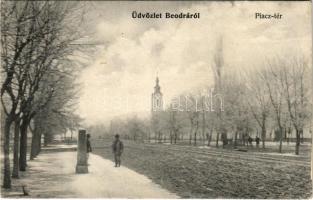 Beodra, Novo Milosevo; Piac tér télen, templom / market square in winter, church (EK)