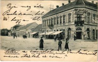 1905 Fehértemplom, Ung. Weisskirchen, Bela Crkva; Alsó vásár utca, Johann Schömberl üzlete. Hepke Berthold kiadása / Untere Marktgasse / street view, shops (b)