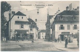 1915 Nagyszeben, Hermannstadt, Sibiu; Quergasse, Kirscher Unicum / Kereszt utca, F. Stoiber és A.R. Grell üzlete. F. Stoiber saját kiadása / street, shops (Rb)