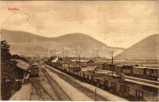 1914 Ruttka, Vrútky; vasútállomás, vonatok. Felvidéki Magyarság nyomda, Gerő Henrik kiadása / railway station, trains