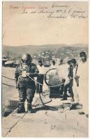 1908 Fiume, Rijeka; Palombaro / K.u.K. Kriegsmarine Taucher / Az Osztrák-Magyar Haditengerészet búvárja teljes felszerelésben / Austro-Hungarian Navy diver (fl)