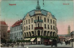 1911 Nagyvárad, Oradea; Bémer tér, Dr. Kovács fogorvos, Erdős és Grünfeld és Koch testvérek üzlete, villamos / square, tram, shops, dentist (fl)