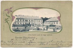 1902 Félixfürdő, Baile Felix; park és nagy szálloda. Csathó Gábor és társa kiadása, szecessziós keret / park and hotel. Art Nouveau, floral, litho (gyűrődés / crease)