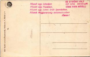 Pöstyén, Piestany; vasútállomás. Hátoldalon irredenta Hiszekegy szöveg, Vasúti levelezőlapárusítás 4...