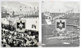 1936 Olympia 1936. Die XI. Olympischen Spiele in Berlin und Garmisch-Partenkirchen. Band I-II. Band I. Die Olympischen Winterspiele Vorschau auf Berlin. Band II. Die XI. Olympischen Spiele in Berlin 1936. Herausgegeben vom Cigaretten-Bilderdienst. Altona (Hamburg)-Bahrenfeld, 1936, Cigaretten-Bilderdienst, 127+1 p.+5 (fekete-fehér képtáblák.) t. t.+1 (kihajtható térkép) t.; 165+3 p.+8 (fekete-fehér és színesképtáblák.) t. Cigarettakép gyűjtő albumok, az összes gyűjtőképpel, német nyelven. Kiadói aranyozott egészvászon-kötés, kiadói illusztrált papír védőborítóban, a papír védőborítókon apró szakadásokkal, kis kopásnyomokkal, a 2. kötet vászonborítója foltos, a 2. kötet papírborítója foltos és a lapjai kissé foltosak, valamint részben hullámosak. Általában a papírborító hiányzik.