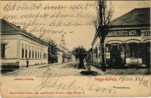 1901 Nagykároly, Carei; Jókai utca, Markovits Mór üzlete. Eigner Simon kiadása / street view, shop (gyűrődések / creases)