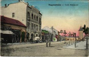 Nagyszalonta, Salonta; Toldi Miklós tér, Központi szálloda és vigadó, Szalontai Lapok politikai napilap, Edison Mozgó mozi, Schillinger Ferenc üzlete. Klein S. és V. kiadása / square, hotel, newspaper office, cinema, shop (ragasztónyomok / gluemarks)