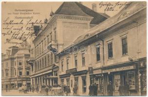 1915 Nagyszeben, Hermannstadt, Sibiu; Disznódi utca, Római császár szálloda, Friedrich Baumann, Karl Engber üzlete és saját kiadása / Heltauergasse, Hotel Römischer Kaiser / street, shops, hotel (EK)